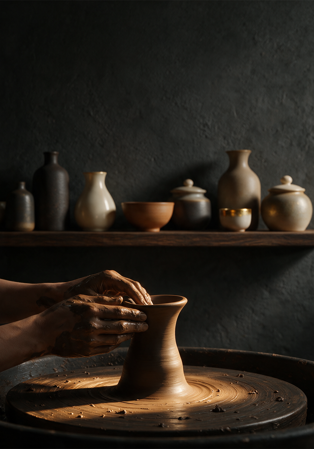 Finished vessels displayed on a shelf in your room