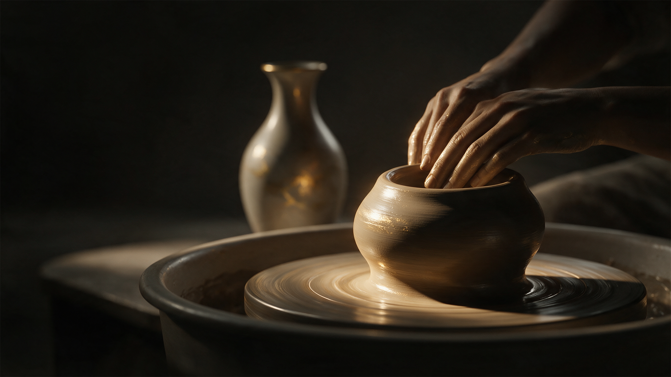 Hands shaping a vessel on the wheel
